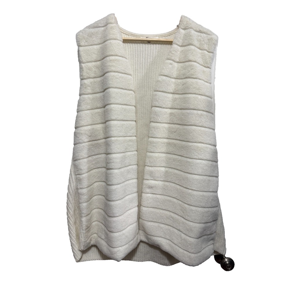 89th & Madison Open Cardigan Sweater Vest 2X Ivory Cream Faux Fur Ribbed Knit